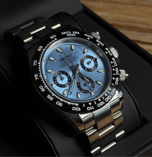 Seiko Mod Daytona Bleu Glacier Lunette Noire