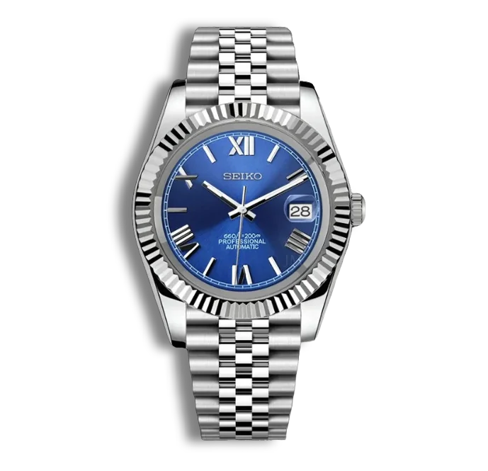 seiko mod day date chiffre romains bleu