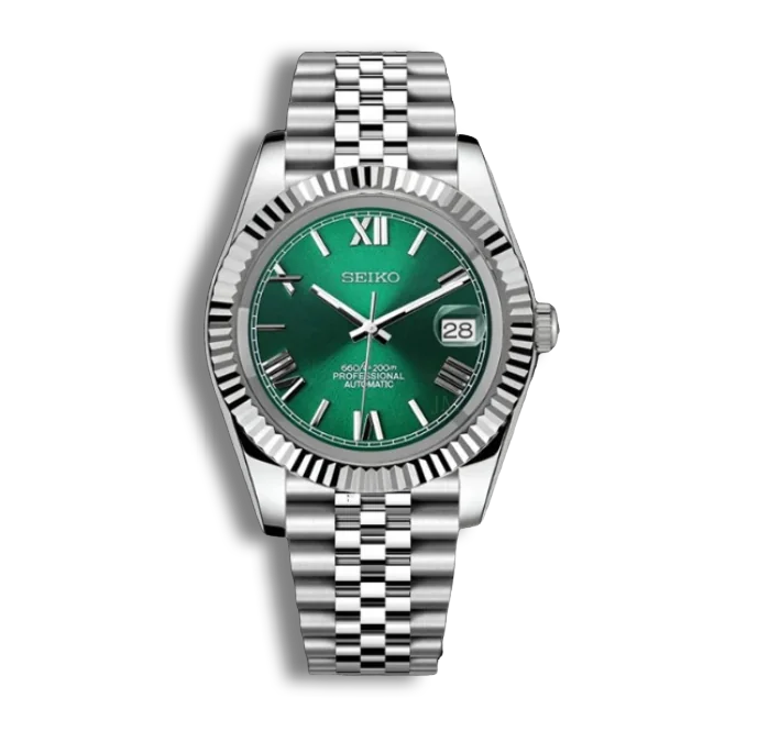 seiko mod day date chiffre romains verte