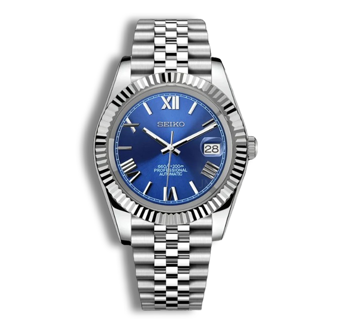 seiko mod day date chiffre romains bleu