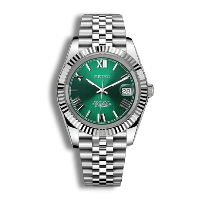 seiko mod day date chiffre romains verte